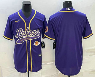 Men%27s Los Angeles Lakers Blank Purple With Patch Cool Base Stitched Baseball Jersey